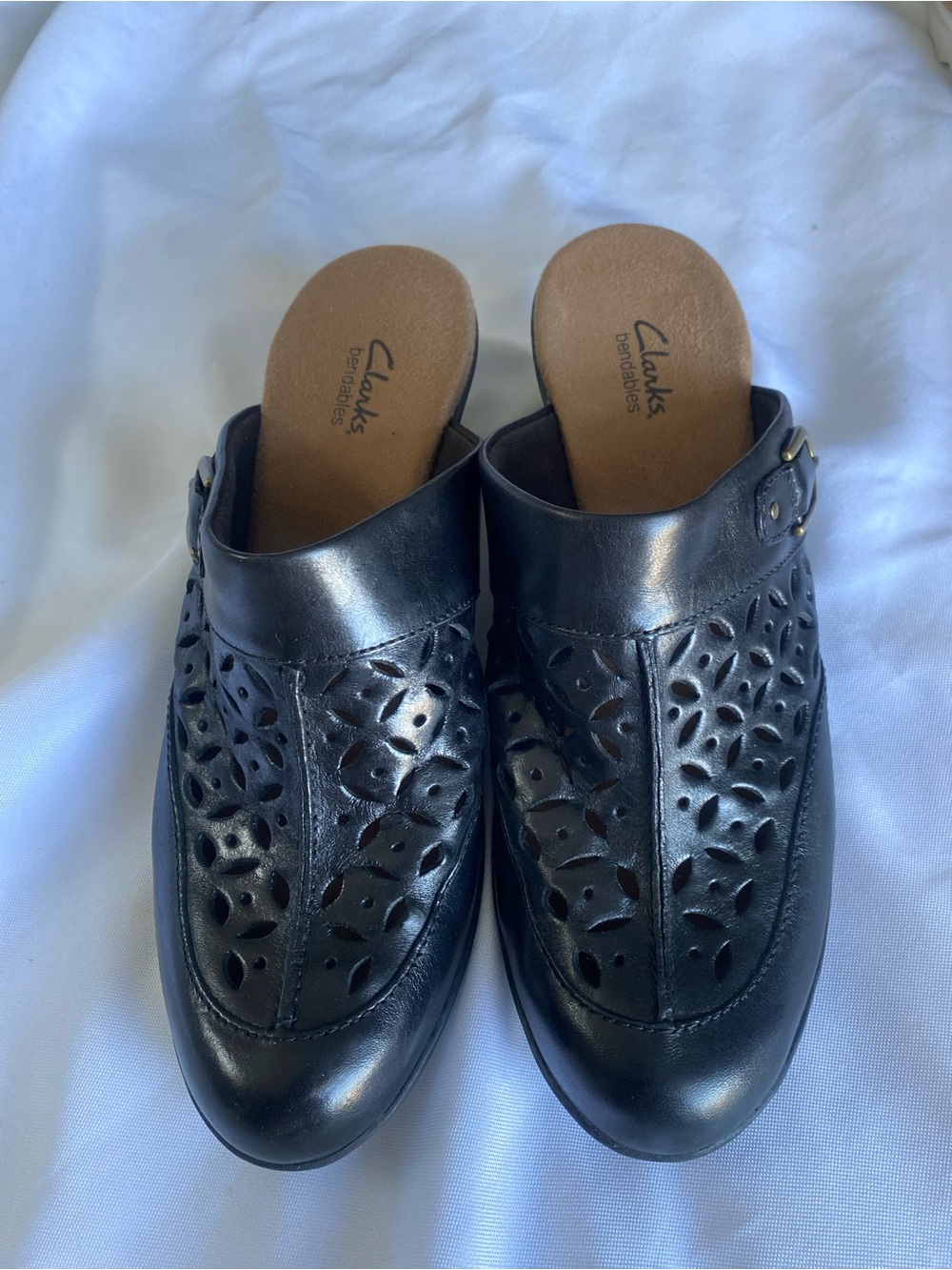 Clarks Black Leather Perforated Mule Clogs with Buckle